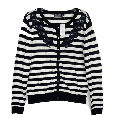 NY&Company Black & White Striped Sweater Cardigan Size L Snap Front Lace Inset - Image 1 of 4