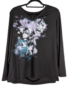 JMS Just My Size Damen-Langarmtop Blumenmuster Geometrisches Muster 1X/16W schwarz Polyester - Bild 1 von 4