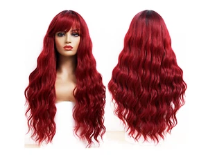 ANDRIA Women's 26" Wavy Wig w/Bangs Synthetic Heat Resist Ombre Burgundy Red NWT - Picture 1 of 5