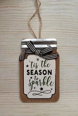 New! "Tis the Season to Sparkle" Mason Jar Christmas Ornament Farmhouse Striped - Image 1 of 4