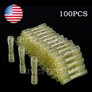 100PCS Heat Shrink Butt Wire Splice Seal Connector Crimp Terminal Yellow 12-10GA - Picture 1 of 7