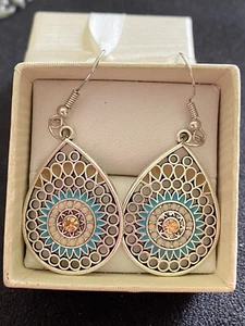 Silver Tone Blue Apricot Teardrop Filigree Drop Dangle Earrings Cute Fun Fashion - Picture 1 of 7
