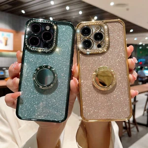 Custodia TPU Fr iPhone 13 14 15 16 Pro Max XS simpatica glitter Bling con supporto anello - Foto 1 di 18