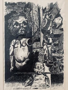 🔥 Unusual Old Vintage Modern Haunted DOLL Toy Factory Drawing Painting, 1950s - Picture 1 of 24