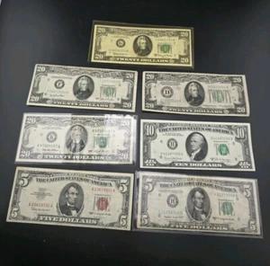 Lot Of Federal Reserve Note US Currency 1934 1950 1963 1993 $20 1969 $10 1963 $5 - Picture 1 of 21