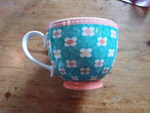 AT HOME WITH ASHLEY THOMAS Mug Coffee Big Cup Floral Turquoise Excellent...