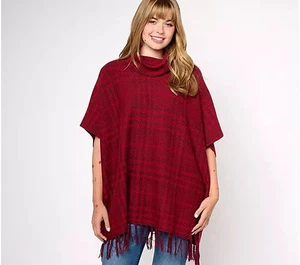 Denim & Co. Plaid Jacquard Cowl Neck Poncho with Fringe Hem Womens New A624151 - Picture 1 of 7