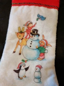 Vintage 17" Felt CHRISTMAS STOCKING WELLINGTON Snowman Elf Reindeer - Picture 1 of 11
