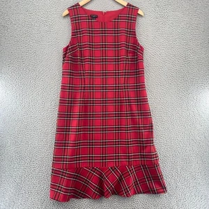 Talbots Dress Women 12 Petite Red Plaid Wool Sheath Ruffle Hem Holiday Christmas - Picture 1 of 11