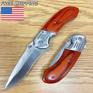 8" Wood Quick Open EDC Spring Assisted Pocket Knife Folding Tactical Open Blade - Picture 1 of 5