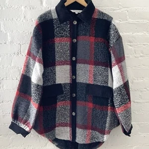 New Davi & Dani Shirt Womens Oversized Gray Red Tartan Plaid Shacket Grunge Boho - Picture 1 of 17