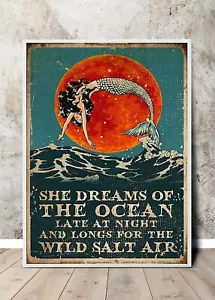 Vintage Wall Art Decor She Dreams Of The Ocean Poster No Frame Coastal Print - Picture 1 of 5