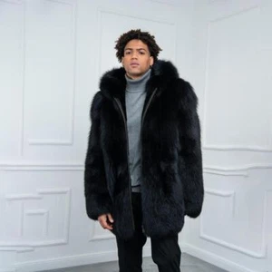 Fashion Men Real Fox Fur Coats Warm Hooded Jacket Winter Fluffy Overcoat Outwear - Picture 1 of 5