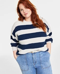 On 34th Plus Size Crewneck Striped Shaker Sweater - Intrepd Blue Combo - Picture 1 of 1