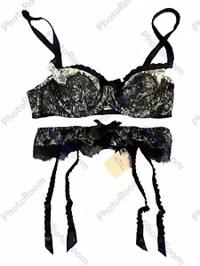 NWT Agent Provocateur Set Bra sz 32C & Suspenders sz M , Black/ Lt. Green Laces - Picture 1 of 8