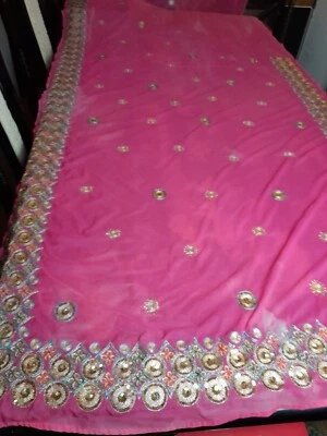 EAST INDIAN VINTAGE CHIFFON SARI HEAVILY EMBELLISHED GOLD SEQUINS 6YDS L X 45" W - Image 1 of 4