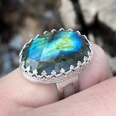 Anillo de plata esterlina labradorita hecho a mano talla 8 ovalado piedra grande Foto 1 de 3