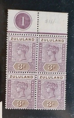 ZULULAND 1894 Queen Victoria 3d SG 23 Sc 18 MNH block 4 with plate 1  - Image 1 of 2