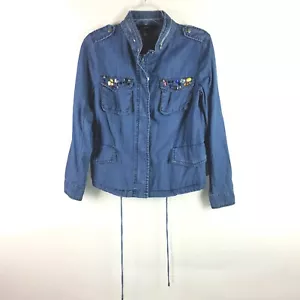 Chaqueta de mezclilla para mujer Forever 21 nueva con etiquetas talla pequeña gema brillante embellecida azul lavado - Imagen 1 de 9