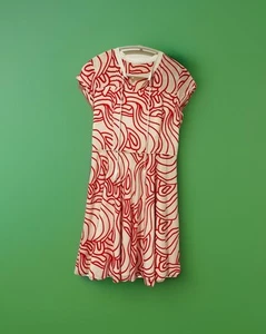 Vintage Silk Dress – Cream & Red Abstract Print – Size 12 – Retro Style - Picture 1 of 9