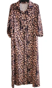 NEW Leopard Cheetah Maxi Dress Womens Large Button Down Front - Picture 1 of 8