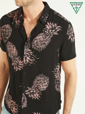 Guess Smart Slim Fit Soft Viscose Black Pink Pineapple Hawaiian SS Shirt (Sz XL) - Image 1 of 4