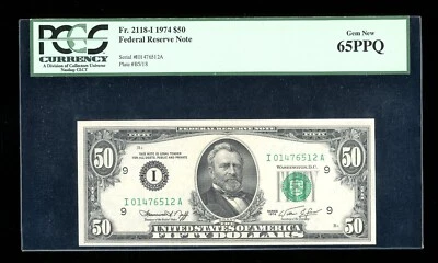 DBR 1974 $50 FRN Minneapolis Gem Fr. 2118-I PCGS 65 PPQ Serial I01476512A - Image 1 of 2