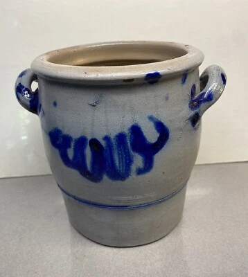 Antique Cobalt Blue Gray Decorated Salt Glazed Handled Stoneware Crock Pot  - Image 1 of 4