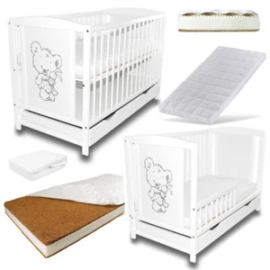 Babybett Gitterbett 2in1 Teddybär mit Hase Weiß + Schublade Bettlaken Matratze - Bild 1 von 26
