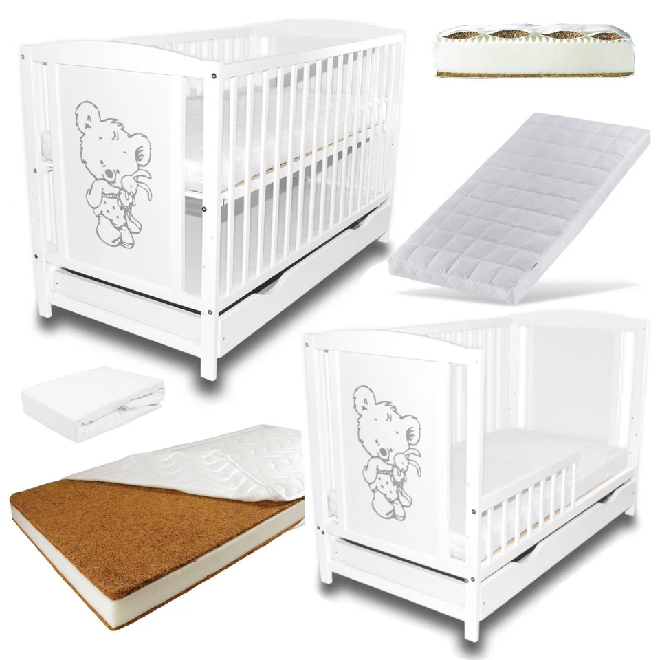Babybett Gitterbett 2in1 Teddybär mit Hase Weiß + Schublade Bettlaken  Matratze - Bild 1 von 4