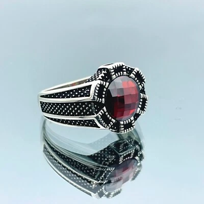 Men Simulated Red Ruby Stone Ring 925 Sterling Silver Ring Handmade Silver Ring - Image 1 of 4