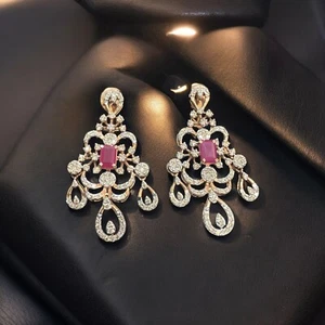 Stunning 5.36 Ct Round Brilliant Cut Diamonds Ruby Dangle Earrings 14K Rose Gold - Picture 1 of 13