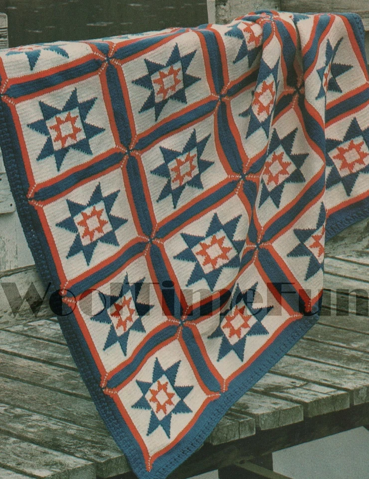 Knitting Pattern Star Design Patchwork Quilt/Blanket/Afghan. 50 x 56 Inches. - Image 1 of 1