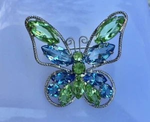 Broche Mariposa Juliana Vintage Años 70 con Estrás Cristal Verde y Azul - Imagen 1 de 11