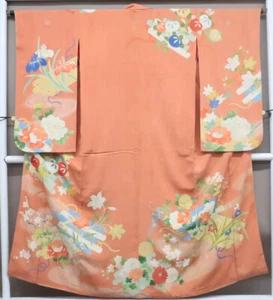 Japanese Kimono Red Silk Antique Homongi Silver Color,crest, Flower eb-625 - Picture 1 of 9