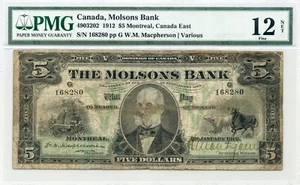 1912 $5 The Molsons Bank - Fine, PMG F 12 - Picture 1 of 2