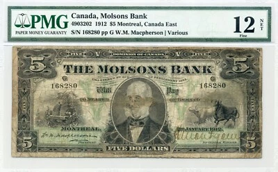 1912 $5 The Molsons Bank - Fine, PMG F 12 - Image 1 of 2