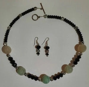 Handmade Jewelry Green Quartz & Black Crystal, Crystal Necklace & Earrings Set - Picture 1 of 6