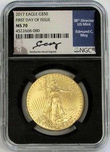 2017 GOLD $50 AMERICAN EAGLE 1 OZ MOY SIGNED NGC MS 70 FDOI RETRO HOLDER - Picture 1 of 2