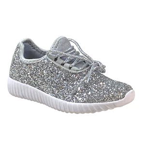 Kids 12 Silver Sequin Glitter Sparkle Sneakers Lightweight Lace-up Low Top Shoes - Picture 1 of 11