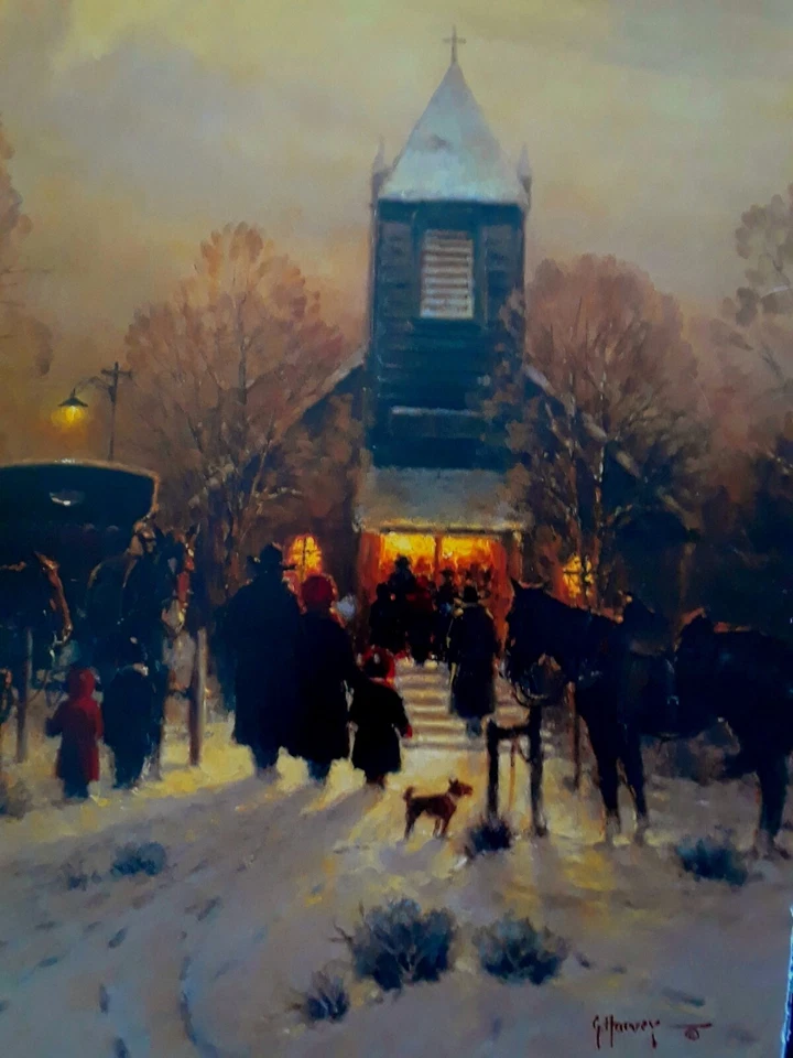 G. Harvey "SERVICIO DE VÍSPERA DE NAVIDAD" - Iglesia, nieve, familias, impresión artística - 10x8 Foto 1 de 1