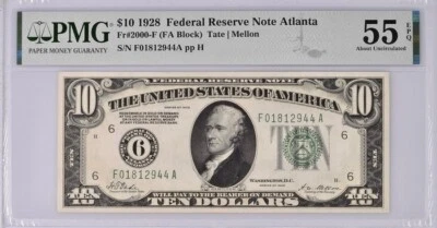  Rare US 1928 $10 Federal Reserve Atlanta FR 2000-F PCGS 55 EPQ Gold On Demand - Image 1 of 2