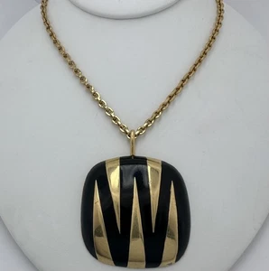 VINTAGE MODERNIST JOMAZ GOLD PLATE BLACK ENAMEL PENDANT NECKLACE - Picture 1 of 6