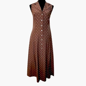 DressBarn Full Button Front Brown White Polka Dot Dress 8 Sleeveless Cutout Back - Picture 1 of 10