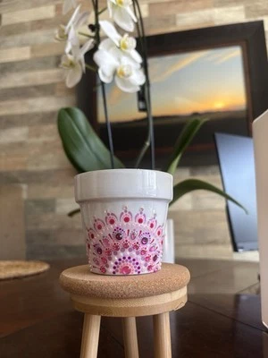 Hand painted terracotta pot. with mandala dot design. Diameter 3” x 2.75” High. - Image 1 of 4