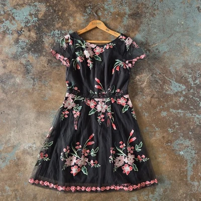 Adrianna Papell Fit & Flare Floral Dress Size 6 Black Tulle Embroidered Mesh - Image 1 of 4