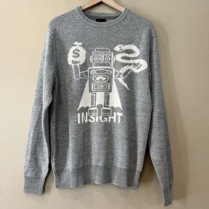 Vintage Y2K Graphic Sweater Robot Mens Medium Gray Cyber Punk Wool? Insight 51 - Picture 1 of 9