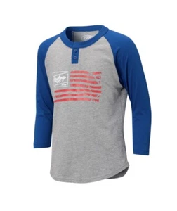 Rawlings Youth L 3/4 Sleeve Henley USA Flag Baseball Shirt - Picture 1 of 5