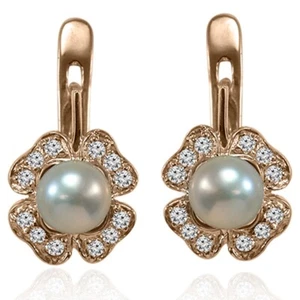 14k Solid Rose Gold Genuine Diamond and Pearl Earrings #E1520 - Picture 1 of 5