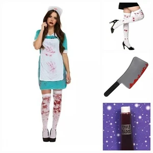 Bloodied Nurse Halloween Outfit Costume With Hold-ups, Cleaver & Fake Blood NEW - Picture 1 of 6